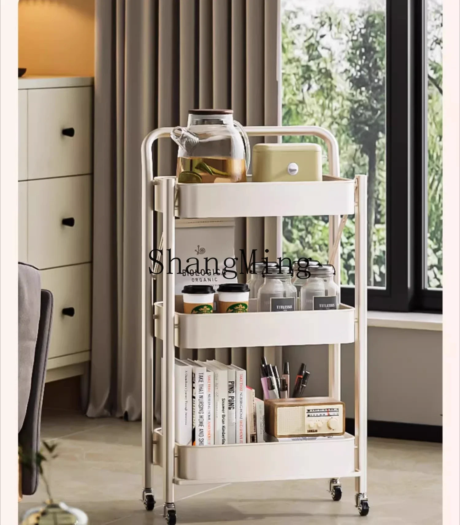 ZYYホームラグジュアリー折りたたみ式トロリーラックフロアモバイルホイール付き寝室用スナック