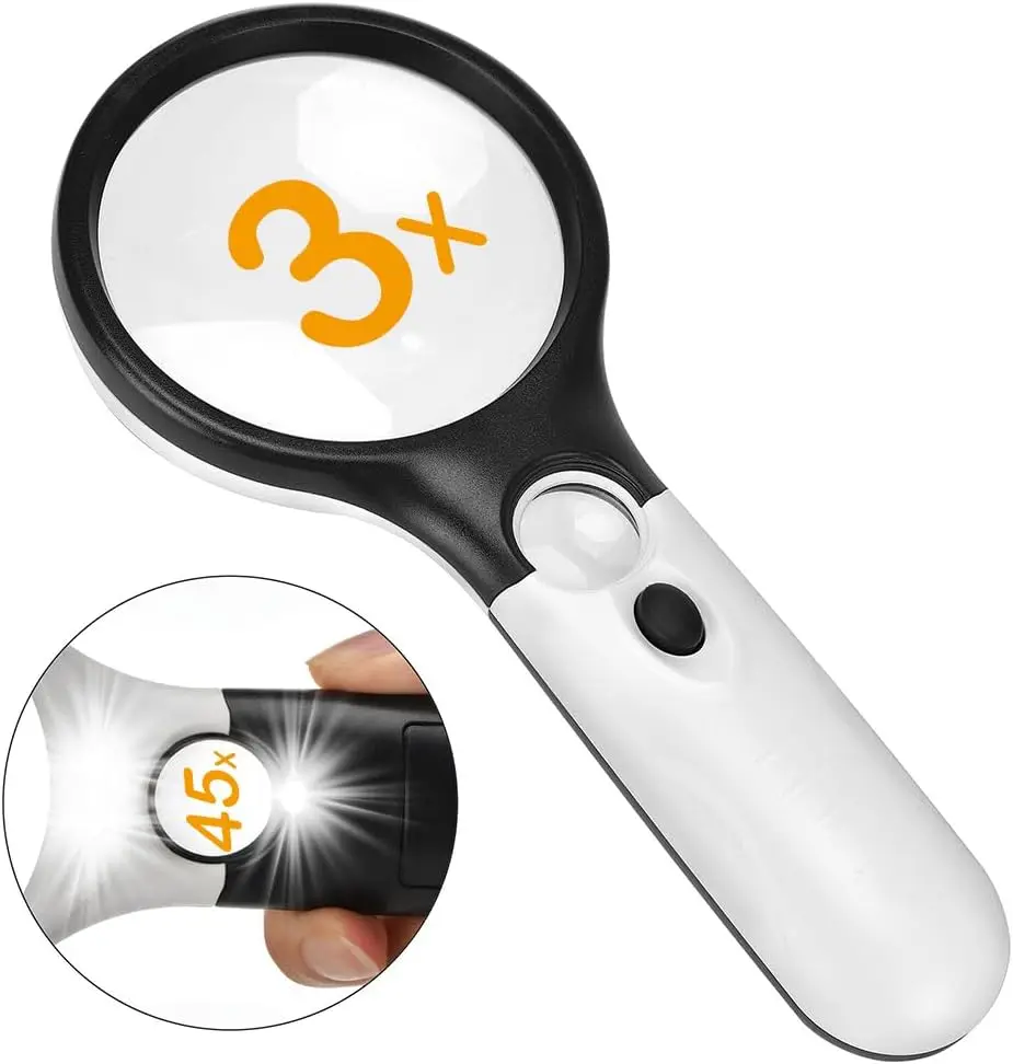 45X 3X Professional Magnifying Glass Handheld Main Lens 3X Secondary 45X Magnifier With LED Light For Coins Stamps Kids Reading