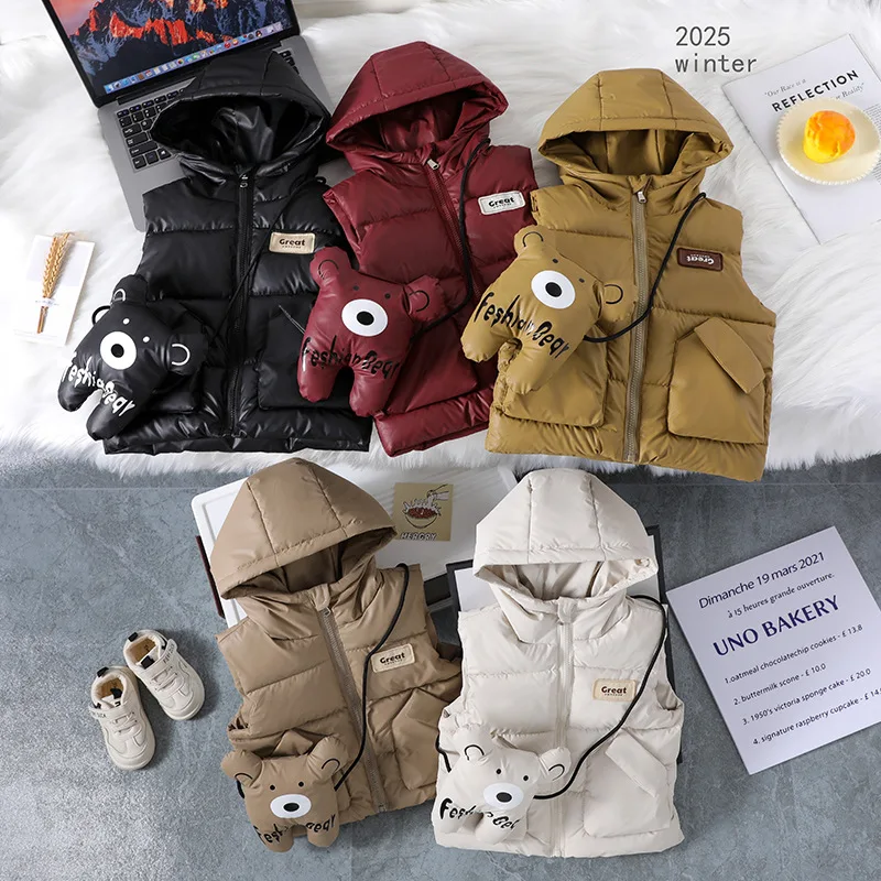 

1-6Y Kids Boys Down Waistcoat Cartoon Thick Warm Hooded Vest For Boy Sticker Zipper Padded Baby Boy Hooded Parkas Toddler Jacket