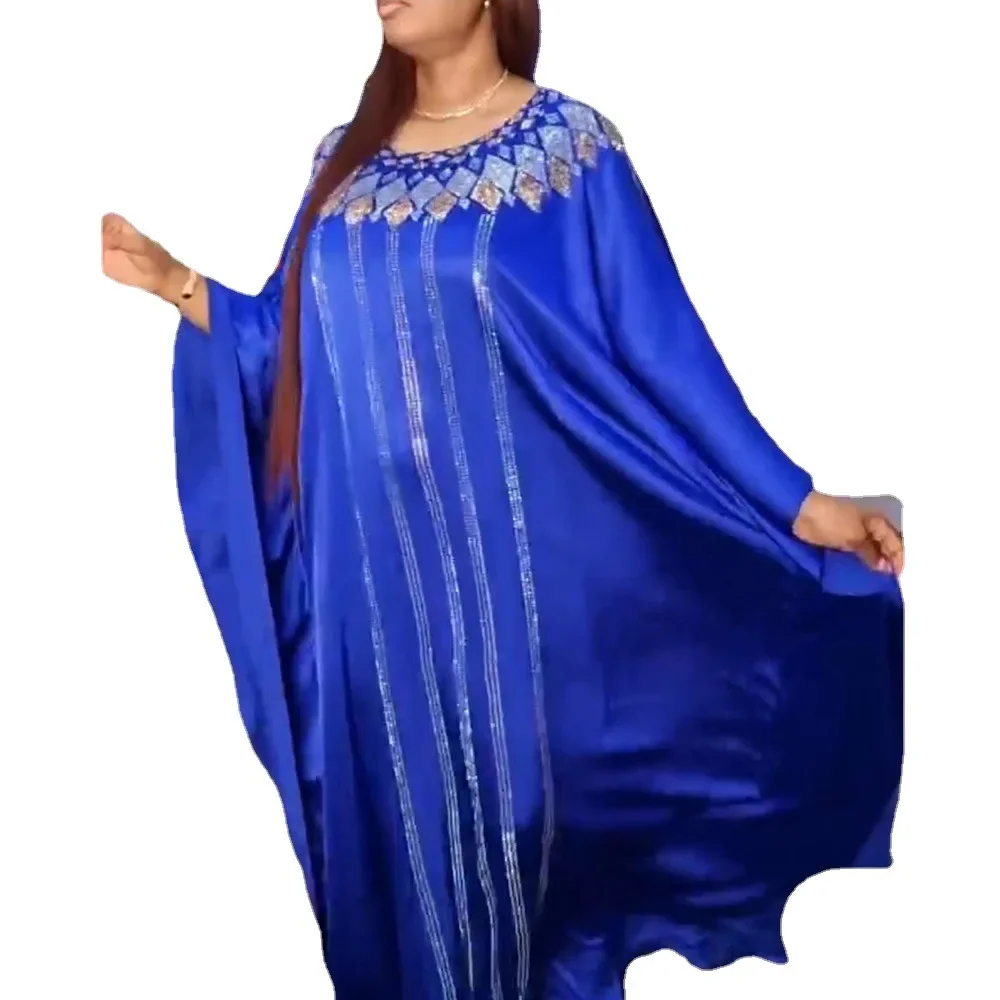 

Summer African Women O-neck Solid Color Polyester Plus Size Long Dress African Robes with Headtie African Dresses for Women