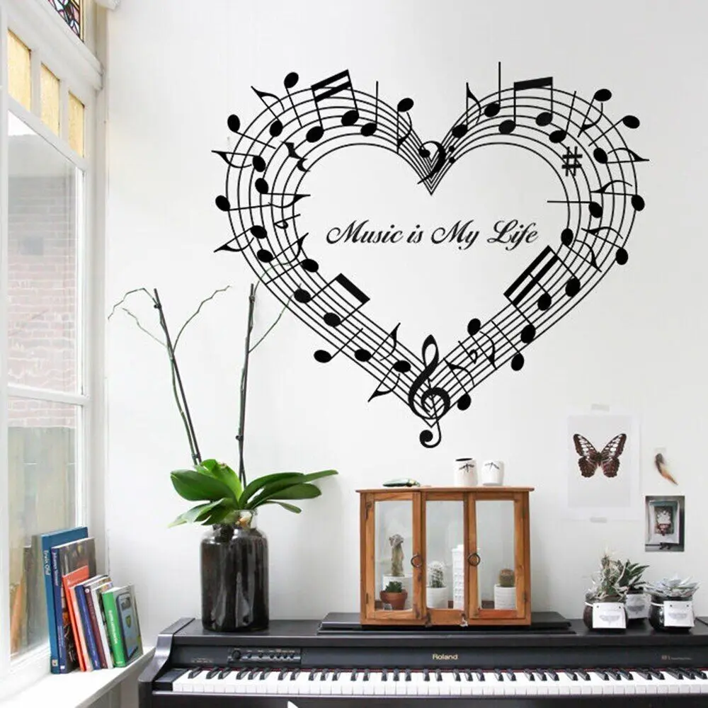 Pegatina de pared de Piano de corazón con nota Musical grande, calcomanía de pared Musical de amor familiar para dormitorio de bebé, guardería, decoración del hogar de vinilo para sala de estar