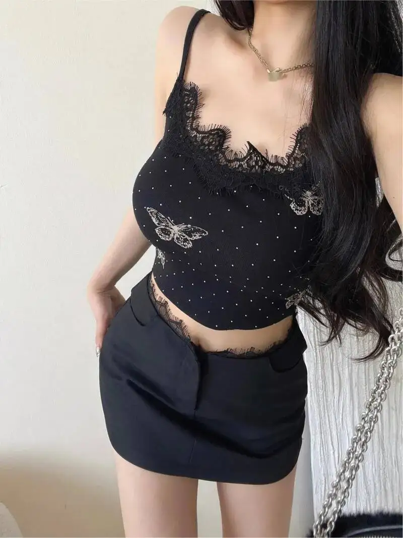 Pure Desire Hot Girl Lace Splicing Strap Vest Women's Summer Short Butterfly Printed Top Fashion Tank Tops Butterfly 2025 B7UD