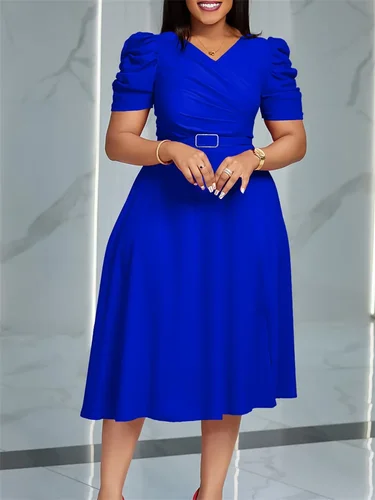 Imagen 2 del producto Wmstar-vestido de mujer de alta calidad, elegante, Color sólido, cuello en V, manga corta, cintura alta, informal, suelto, plisado