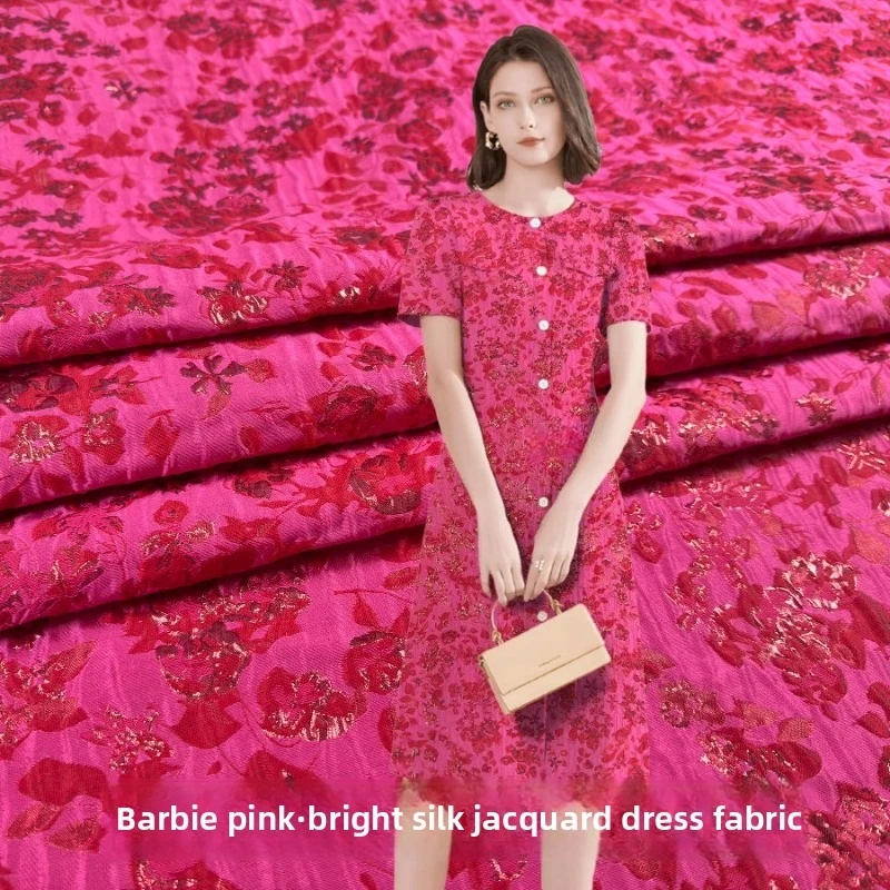 Magenta Glitter Thread Jacquard Fabric Luxury Bridal Wedding Evening Party Dress Formal Gown Spring Summer Lightweight Chiffon