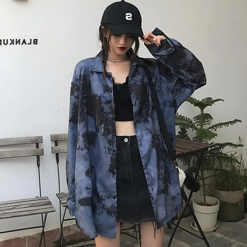 Ins Harajuku street bf Style Vintage Blouse Female Graffiti Long-Sleeved Loose Shirt Coat Women's Casual Shirts