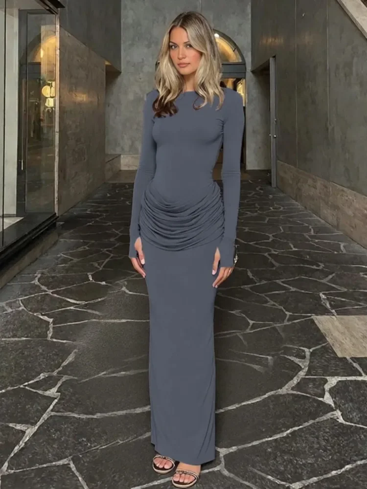 Chaxiaoa Long Sleeve Ruched Sexy Maxi Dresses for Women Gown Autumn Winter O Neck High Waist Bodycon Club Party Evening Dress