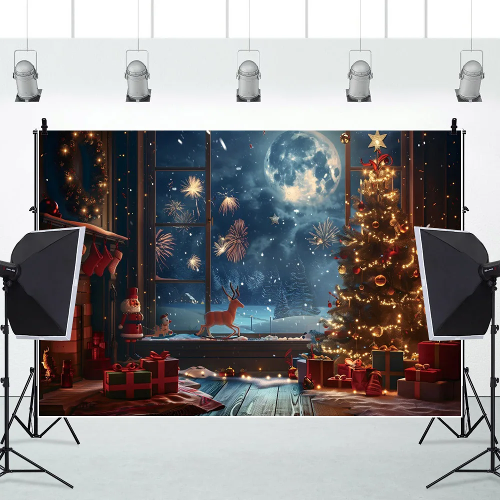 Christmas Tree Photography Backdrop Winter Night Window Santa Claus Reindeer Gifts Fireworks Merry Christmas Photo Background