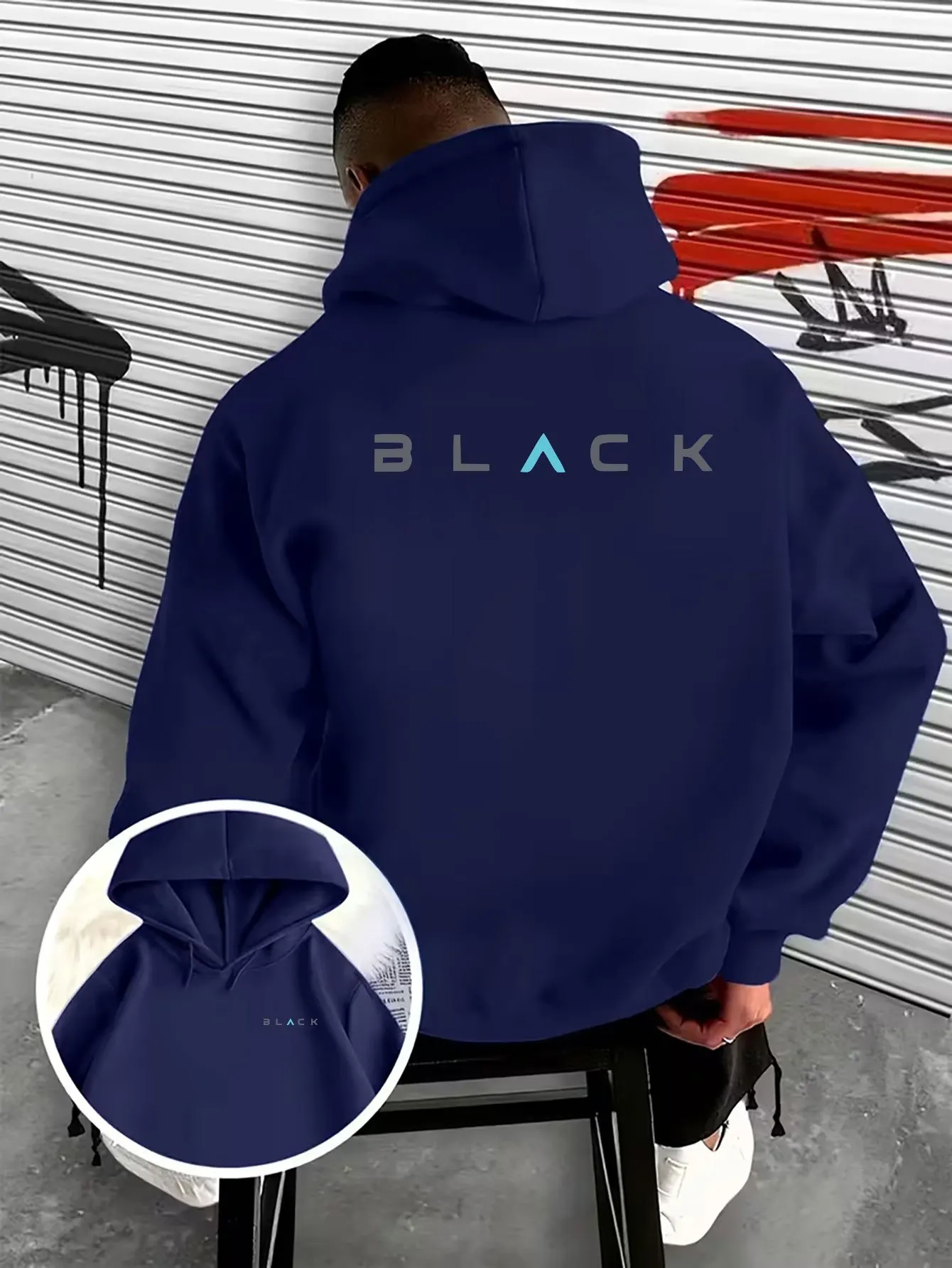 Men's Drawstring Hoodie with Creative Double-Sided Print Pattern Design, Regular Fit, Minimalist BLACK Contrast Letter Design, T