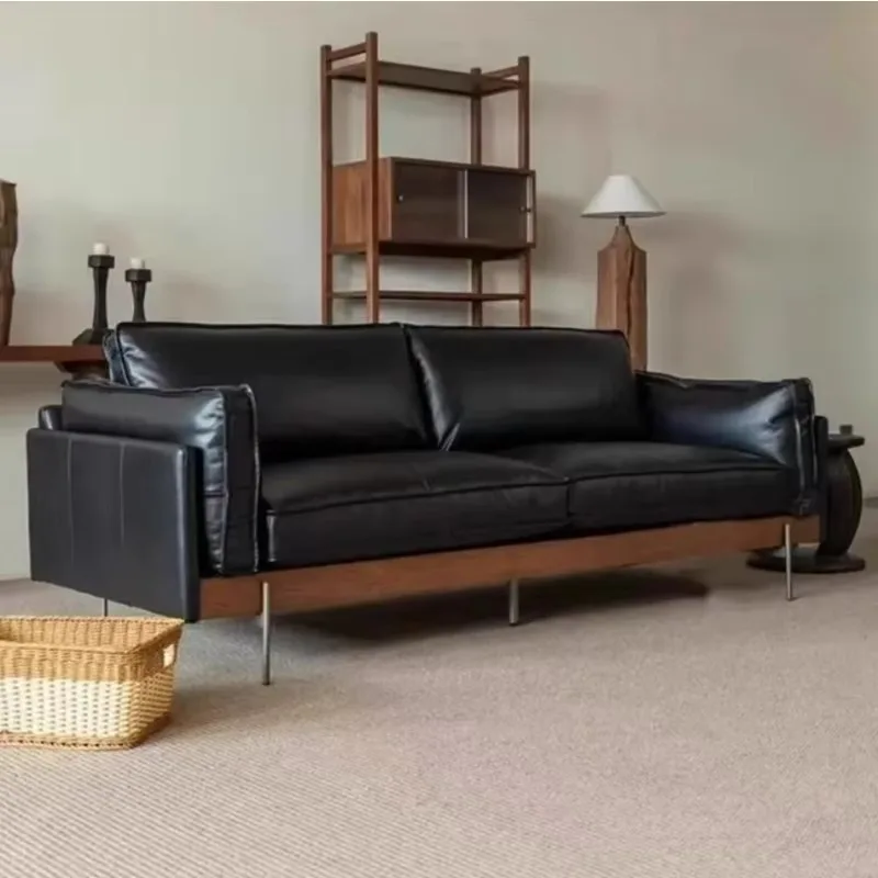 Vintage Luxury Genuine Leather Sectional Sofa Solid Wood Construction Durable and Comfortable Cushion Back Living Room Sofa Set