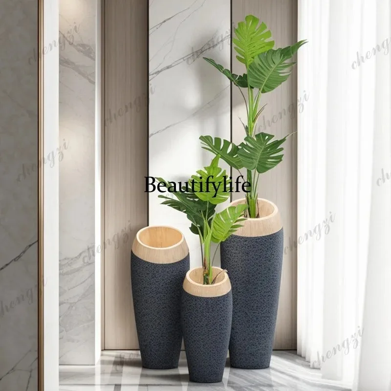 Q181 FRP floor-standing large vase mall modern soft decoration wood grain round flower vessel ornament