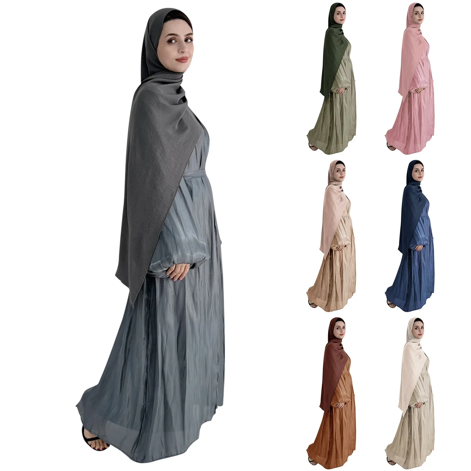 

Ramadan Muslim Women Hijab Dress Satin Kimono Cardigan Dubai Kaftan Silk Abaya Islamic Clothing Arabic Robe Eid Jalabiya Scarf