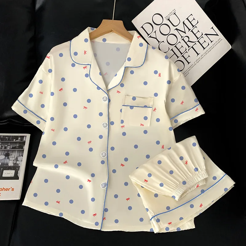 Pyjama d'été Simple et confortable à manches courtes pour femmes, ensemble de costume de maison léger de luxe à pois en soie glacée et Satin frais, nouvelle collection
