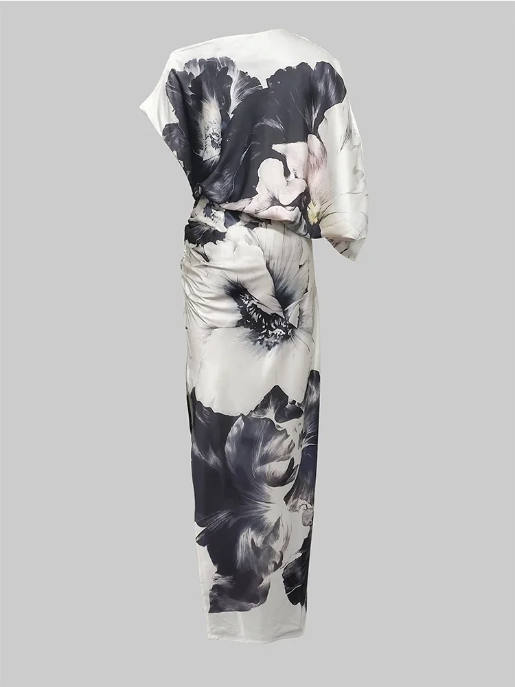 Missuoo Women's Black White Ink Floral Pattern Cold Shoulder Batwing Sleeve Waist Split Maxi Dreee Luxury Elegant Party Dresses