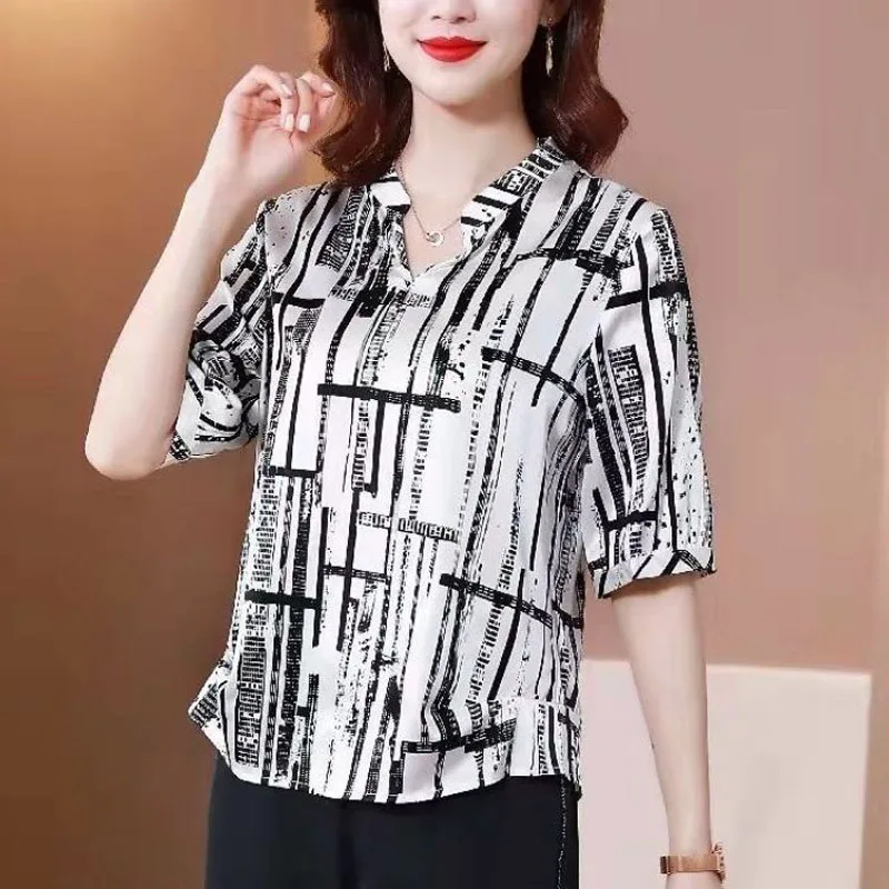 2024 Summer New Pullovers V-Neck Versatile Korean Version Loose Casual Fashion Short Sleeve Commuter Printed Chiffon Tops