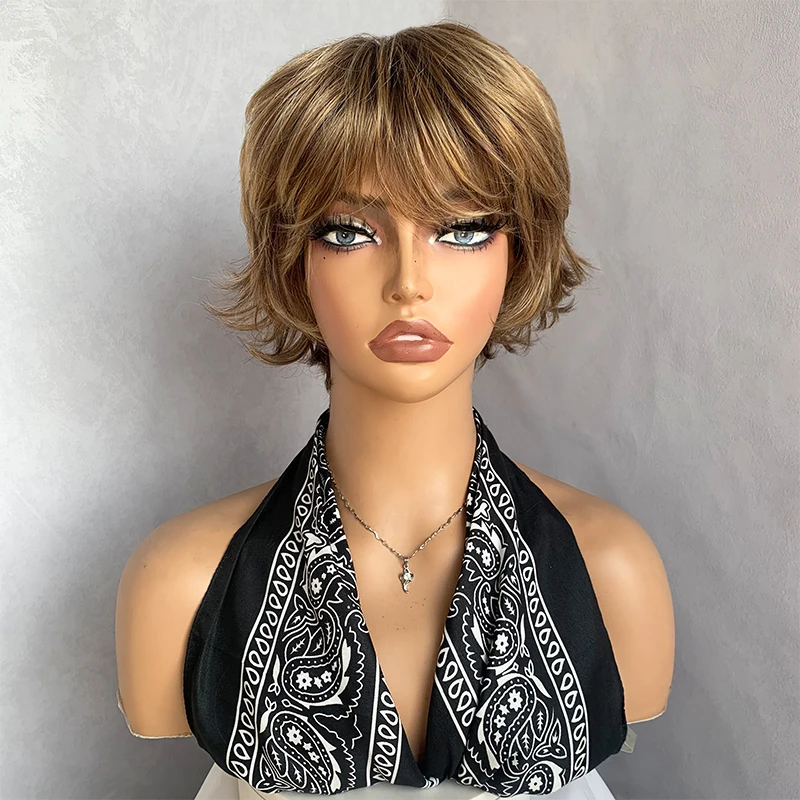 

Mixed Blond Brown Straight Wavy Synthetic Wigs With Bangs Short Pixie Cut Wigs For Women Heat Resistant Daily Use Cosplay Wigs