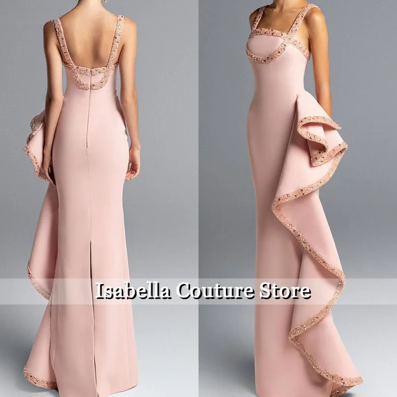 

Light Pink Prom Dresses Chic Square Neckline Sleeveless Formal Gown with Beaded Trim And Asymmetric Ruffle Customized