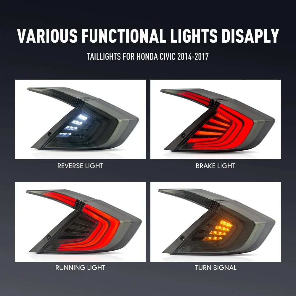 زوج من أضواء خلفية LED لهوندا سيفيك 2014-2017 DRL عكس الفرامل تحول إشارة التوصيل والتشغيل مجموعة مصابيح الذيل الخلفي للسيارة