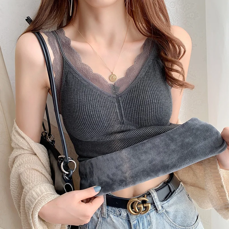 

Зимние кружевные флисовые топы с лямкой на шее, сохраняющие тепло, женские модные элегантные нагрудные подушечки, базовый слой под низом, модные антистатические антибактериальные