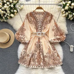 Vintage Print Elegant V-neck Lantern Long Sleeve Dress A-line Casual Women Fashion Autumn Spring Vestidos