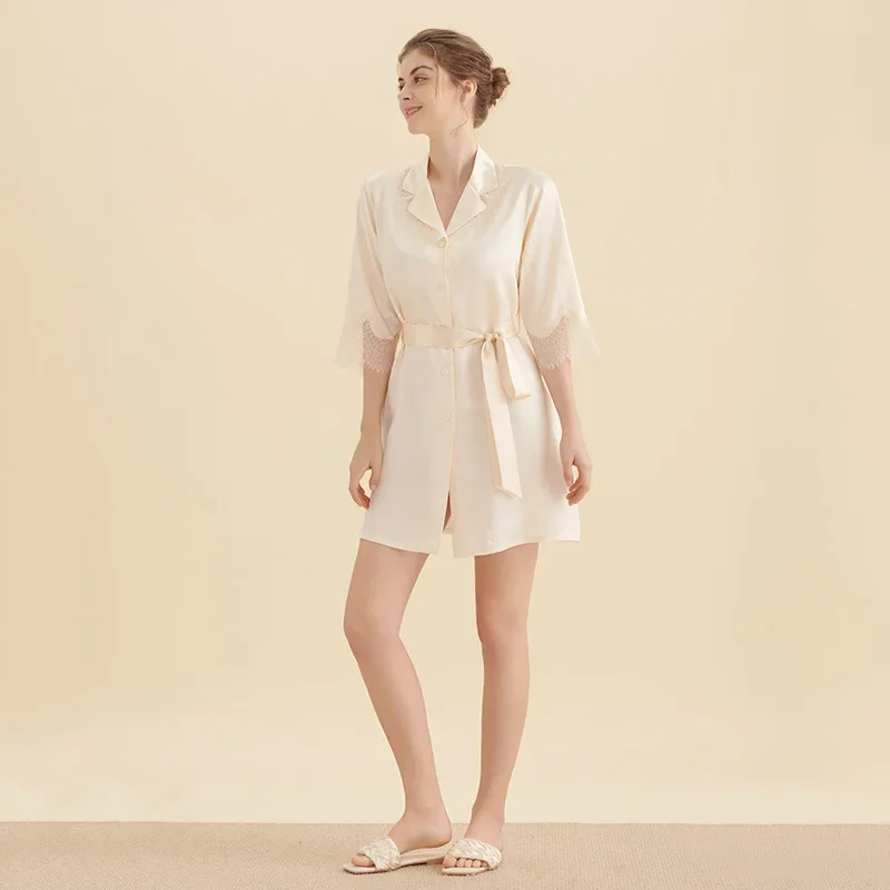 

22MM 100% Mulberry Silk Half Sleeve Bridal Lace Silk Robe Lingerie Elegant Nightgowns Hot Sleepwear Robes Sexy Short Nightwear
