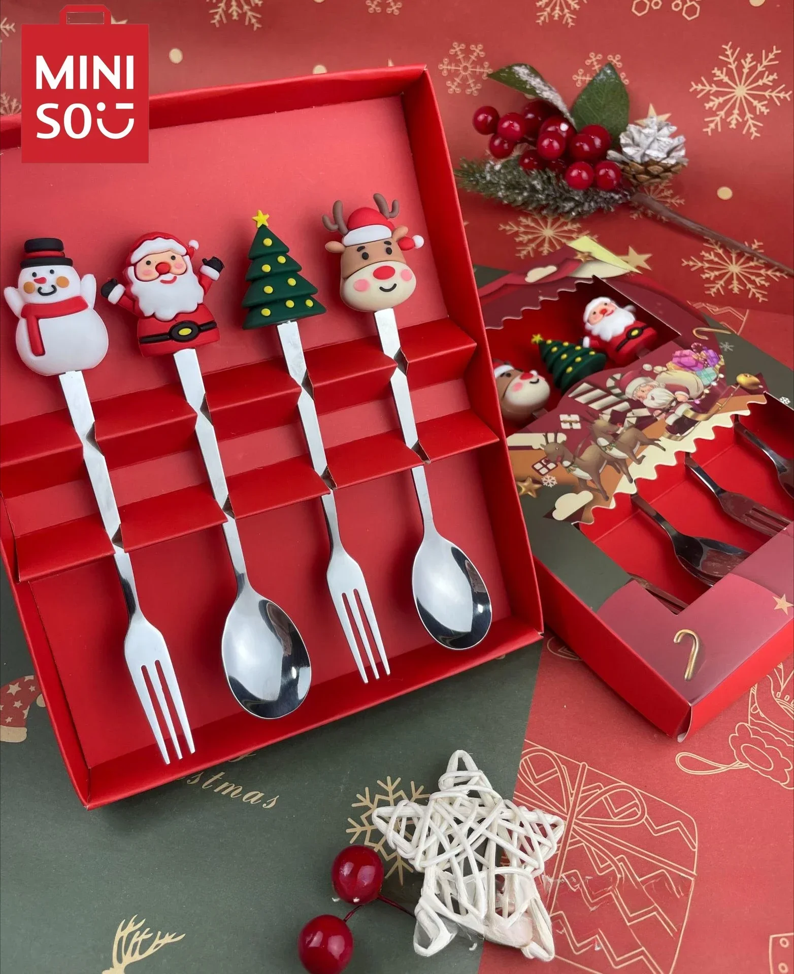 MINISO Christmas Spoon Fork Set Cartoon 410 Stainless Steel Fruit Fork Santa Claus Snowman Moose Doll Spoon and Fork Gift Set