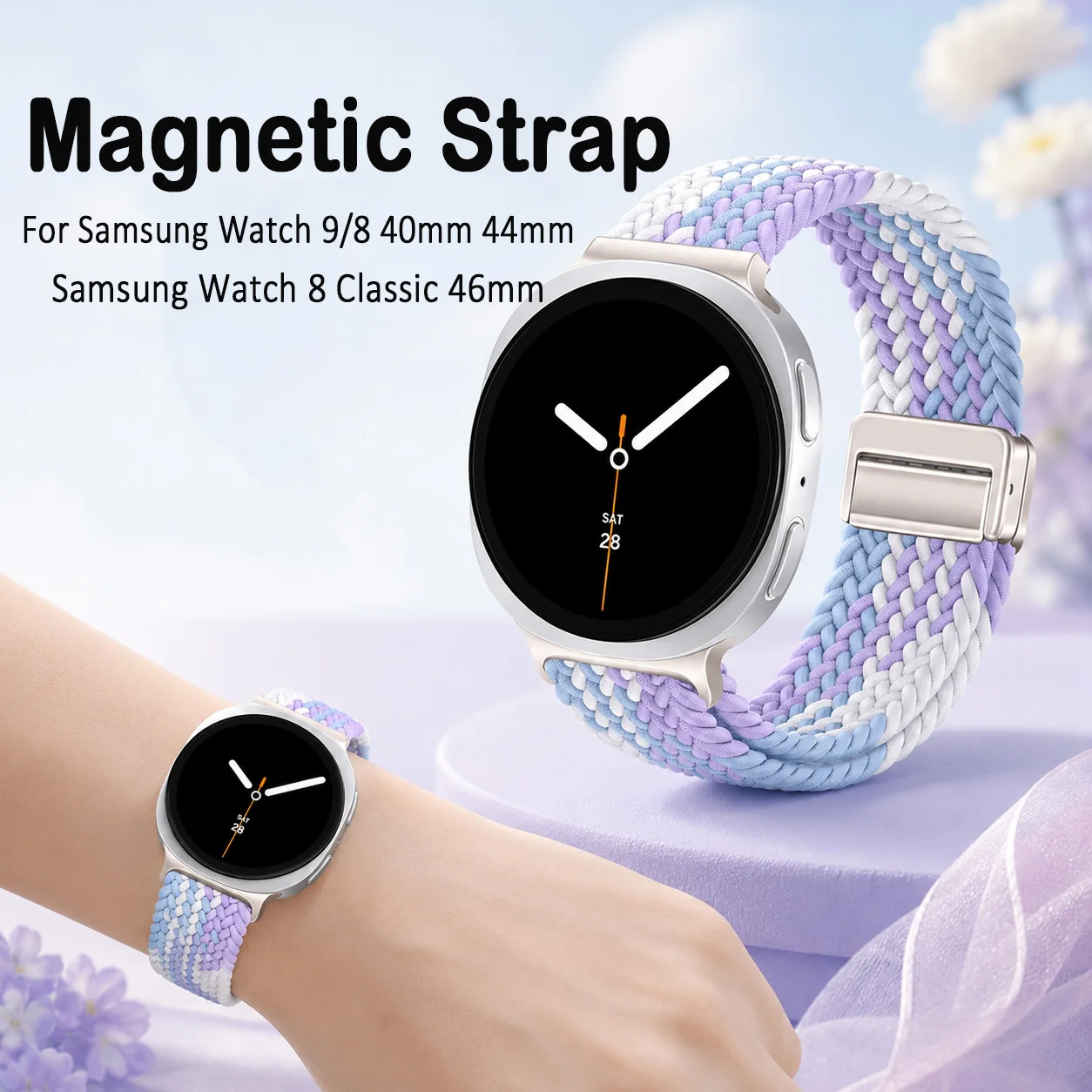 For Samsung Galaxy Watch9 8 40mm 44mm/Watch 8 Classic 46mm Band One Click No Gap Elastic Stretchy Magnetic Sport Strap Women Men