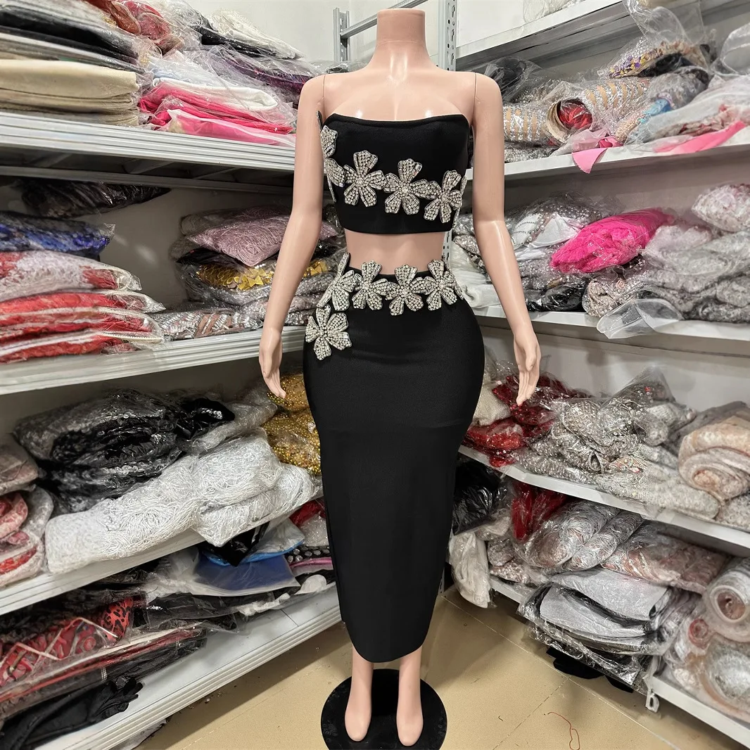 

Fashionable Two-Piece Set without Sleeves Short Top And Long Wrap around Skirt Black Belted Dress for Women Polyester Ma...