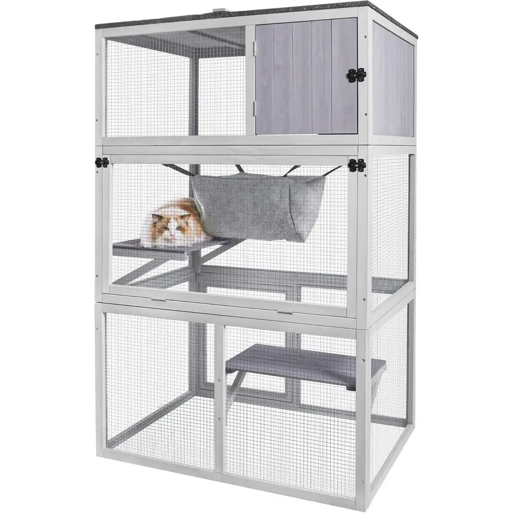 

Деревянный уличный вольер для кошек Catio с асфальтовой крышей, домик на 3 зоны, большой крытый игровой манеж для котят с гамаком и лежанкой