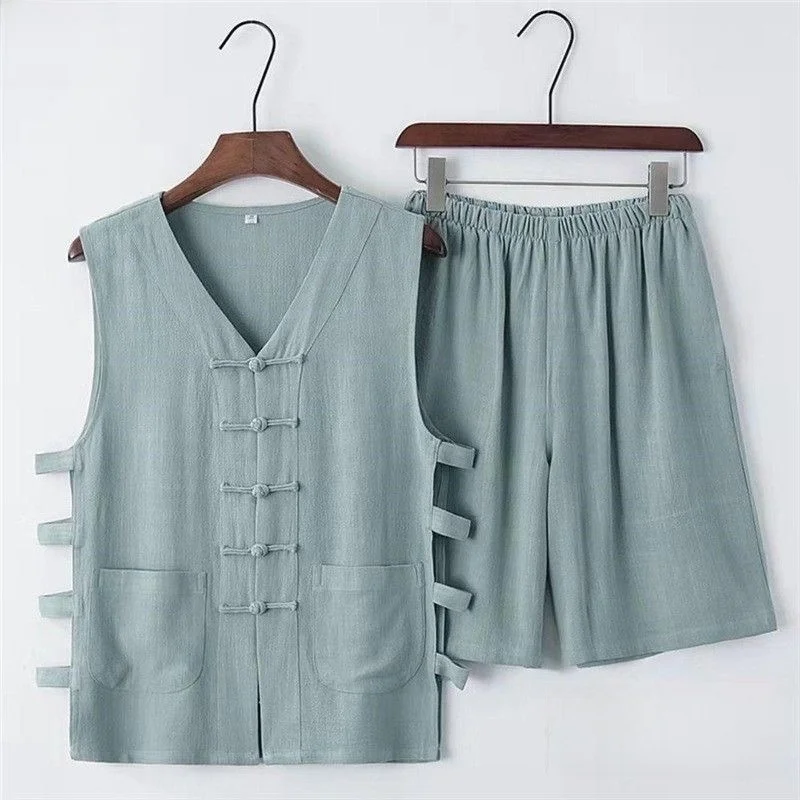 Loose Breathable Thin Men's Tang Suit Vest And Shorts Set Buttoned Retro Coat Casual Summer Clothing Comfortable Sweatshirt