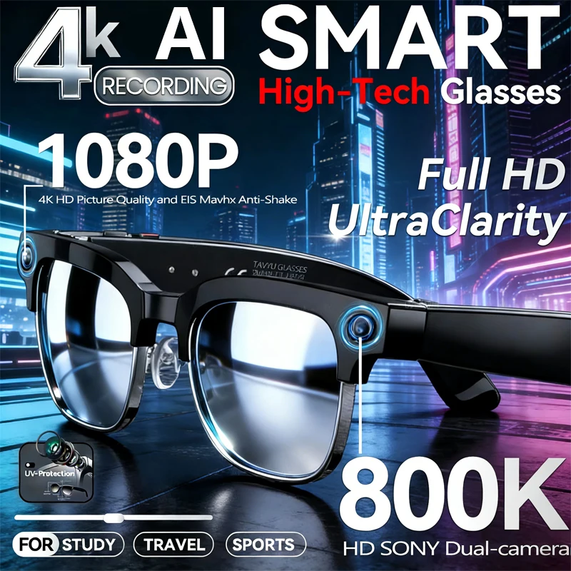

2026 AI Smart Glasses Men AI Translation 8MP HD Camera 4K Shooting Image Conversation Recording Listening To Music Smart Glasses