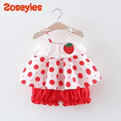 New Two-Piece Halter Strawberry Print Polka Dot Bloomers For Baby Girls Casual Summer Two-Piece Sweet Princess Dress