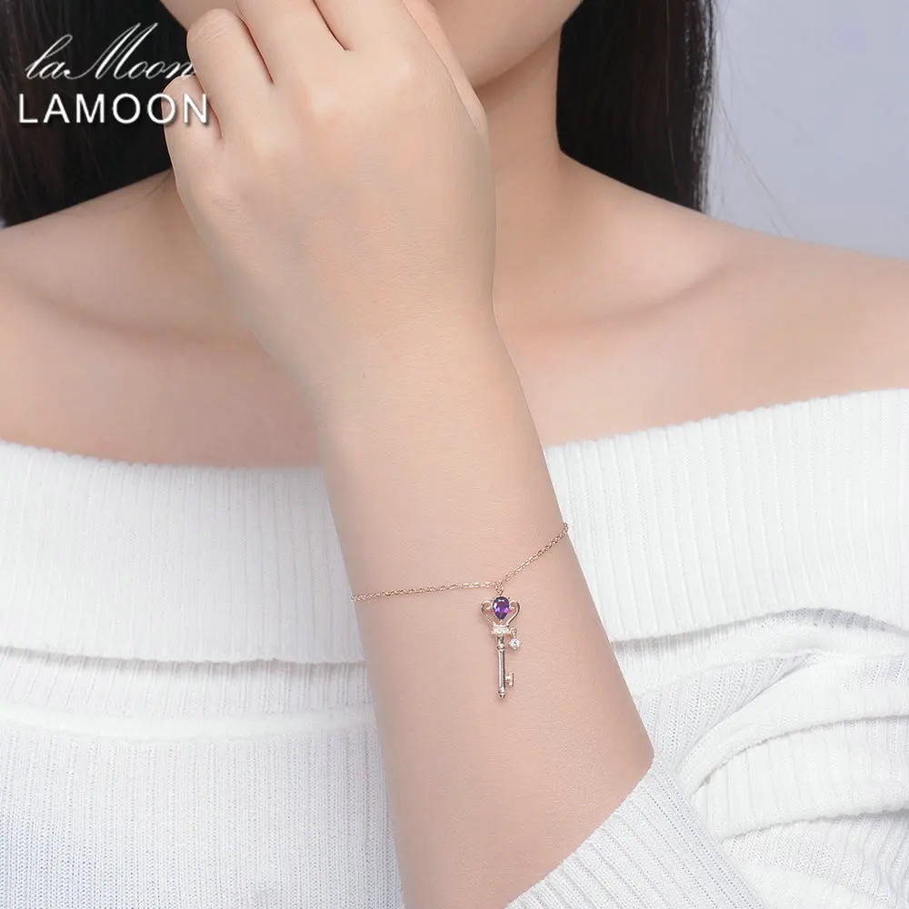 LAMOON Crown Key 6x4mm 0.4ct Natural Teardrop Amethyst 925 Sterling Silver Jewelry Rose Gold Plated S925 Charm Bracelet LMHI024