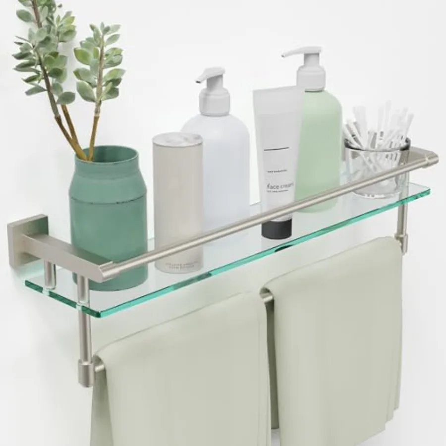 

24-Inch Modern Wall-Mounted Bathroom Glass Shelf with 1 Shelf Brushed Nickel 1 Towel Bar 45 lbs Weight Ccity