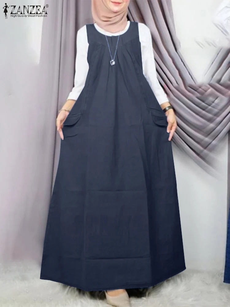 ZANZEA Vintage Women Sleeveless Maxi Long Dress Fashion Summer Overall Dresses Casual Solid Muslim Abaya Sundress Hijab Vestido