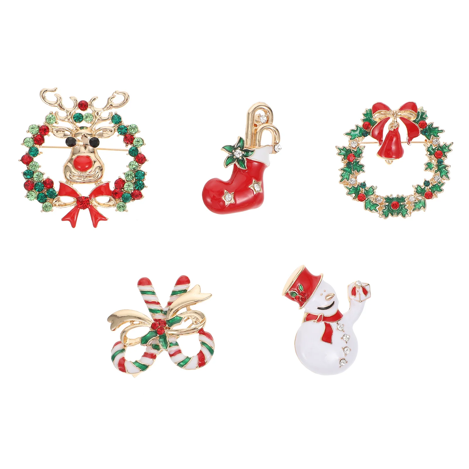 

5Pcs Christmas Socks Bells Snowman Brooch Alloy Cartoon Xmas Breastpin Festive Holiday Party Decor Clothing Accessories Gift