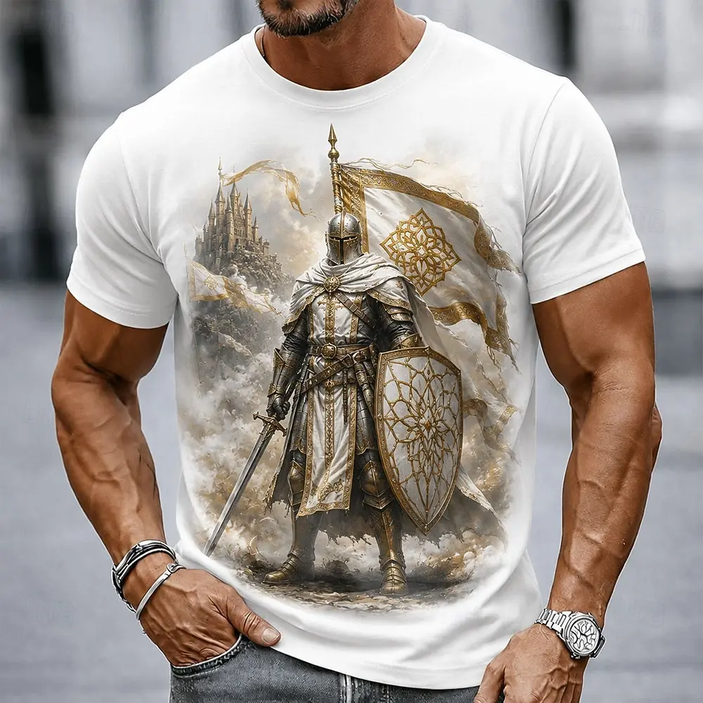 Men's Medieval Golden Knight Lion Eagle Castle Print T-Shirt Vintage Crusader Warrior Graphic Crew Neck Short Sleeve Tee