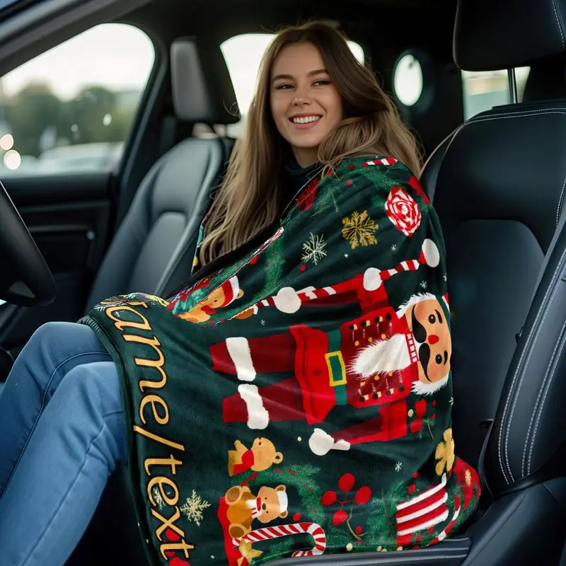 VIKAMA Christmas Throw Blanket Nutcracker Bear Candy Cane Custom Name Soft Plush Fleece Couch Sofa Blanket Holiday Decor