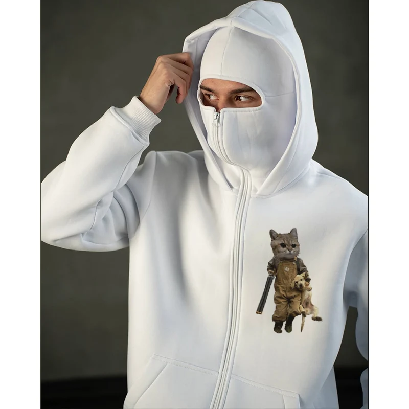 Autumn Winter Men Women White Zip Hoodie Face Mask Cat Print High Street Casual Unisex Style Loose Sweatshirts Outerwear 2025