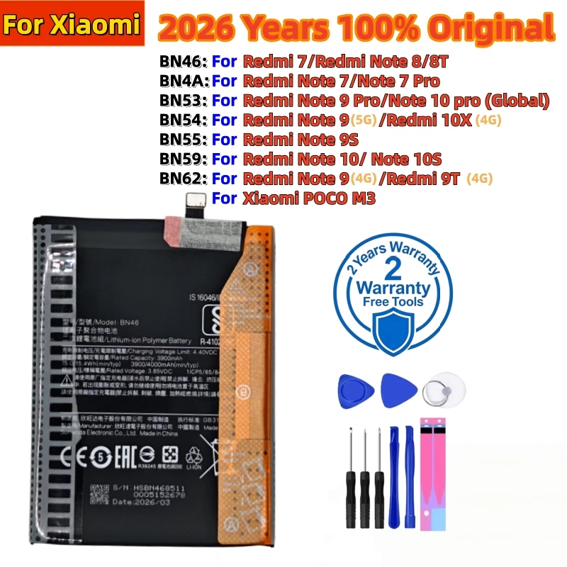 2026 Years 100% Original BN62 BN53 BN59 Battery For Xiaomi Redmi Note 7 8 8T 9 9T 9S 10 10S 10X 4G 5G Pro POCO M3 Batteries