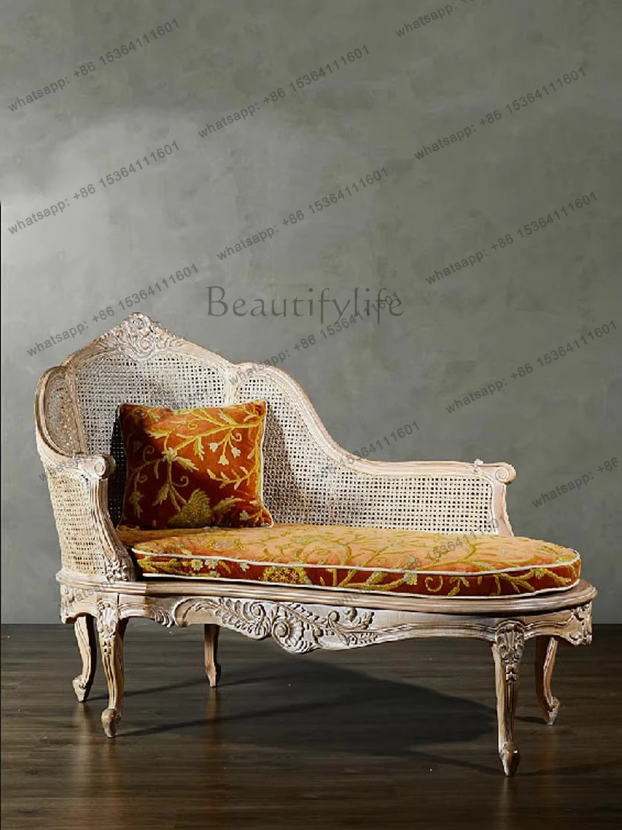 French solid wood neoclassical carved rattan high-end chaise longue European style retro chaise longue