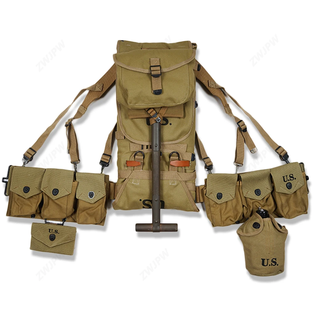 

WW2 US ARMY EQUIPMENT M1928 BAG BELT FIRST AID KIT AND 0.8L KETTLE X- TYPE STRAPS SIX CELL POUCH SPADE