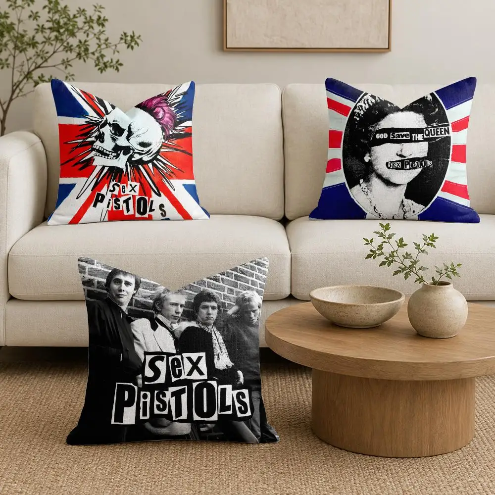 Punk Band Sex P-Pistols Cushion Cover Organic Natural Linen Pillowcase with Double Sided Print for Sofa Home Decor Gift