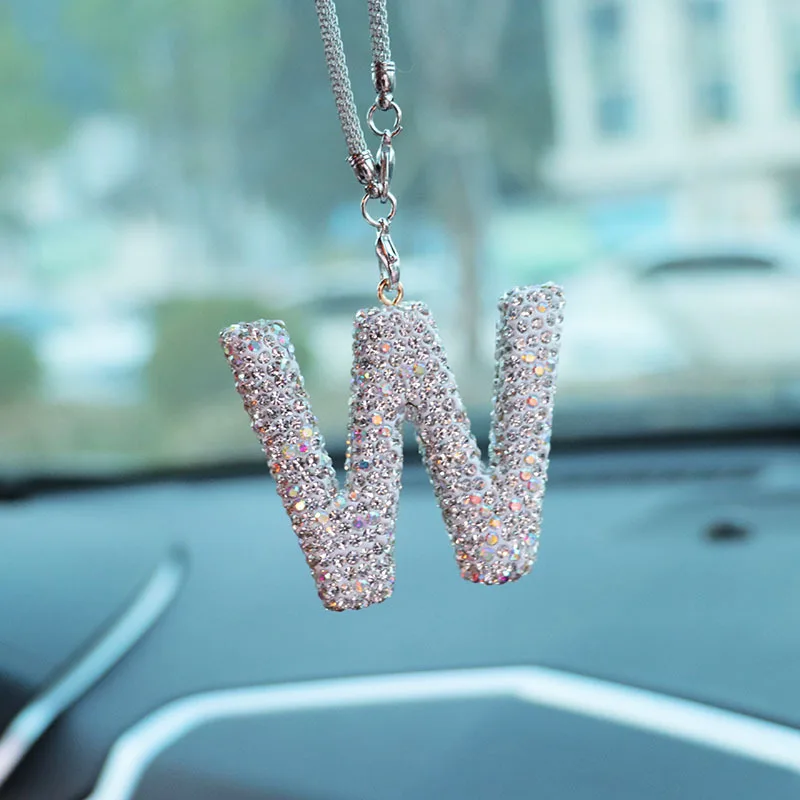 1Pc Rhinestone Letters Car Rearview Mirror Pendant Lucky Crystal Pendant Shiny Car Decoration Charm Pendant