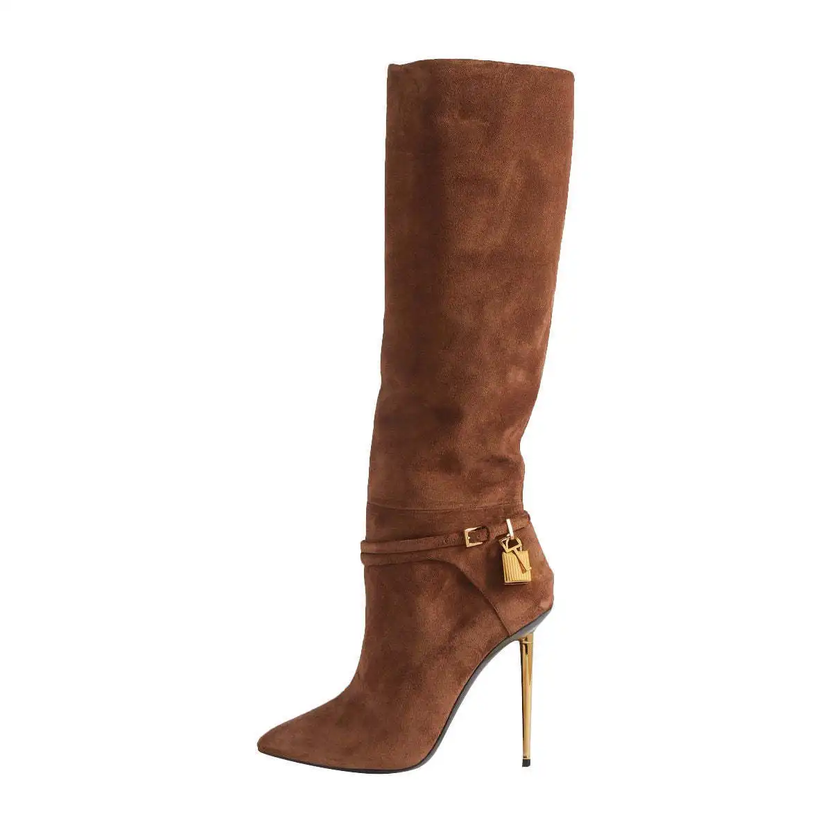 

Women's Brown Suede Knee High Boots Fashionable Pointed Stiletto Boots with Gold Buckle Lock Detail Elegant Glamorous Footwear