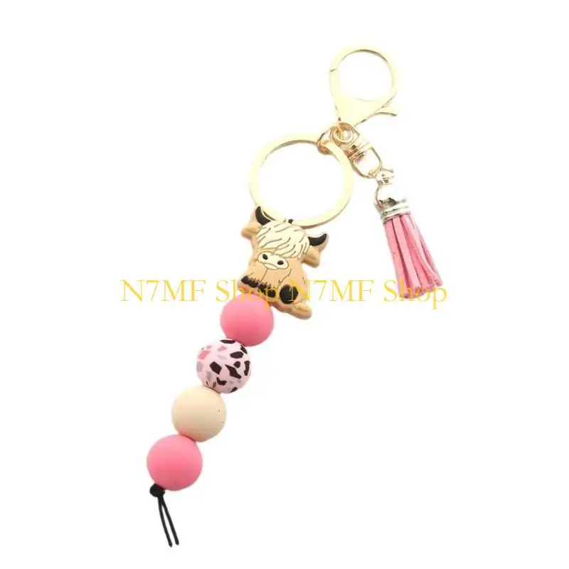 

N7MF Highland Cow Keychain with Tassels and Silicone Beads Decorative Bag Charm Animal Pendant Keyring Women Holder
