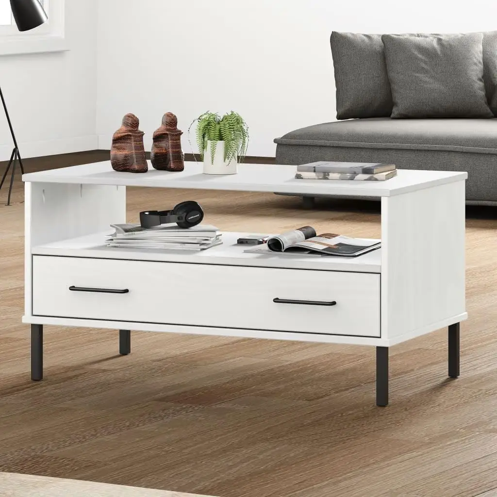 OSLO Solid Wood Coffee Table with Metal Legs - White 85x50x45cm Modern Design