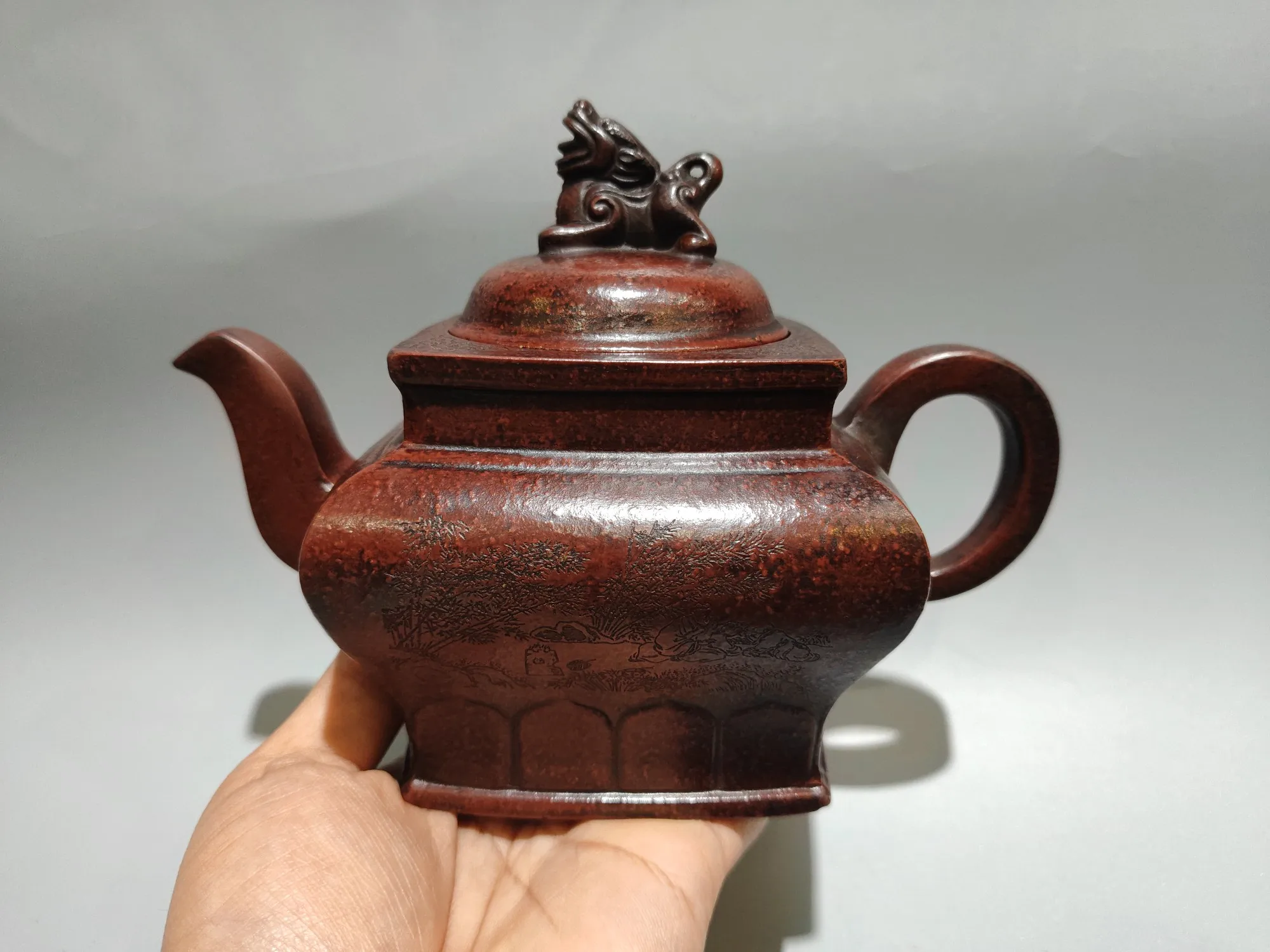 Purple teapot Yixing Purple Clay Teapot Pixiu Statue Flower and tree pattern Four sided beast pot Kettle wine jug tea ceremony