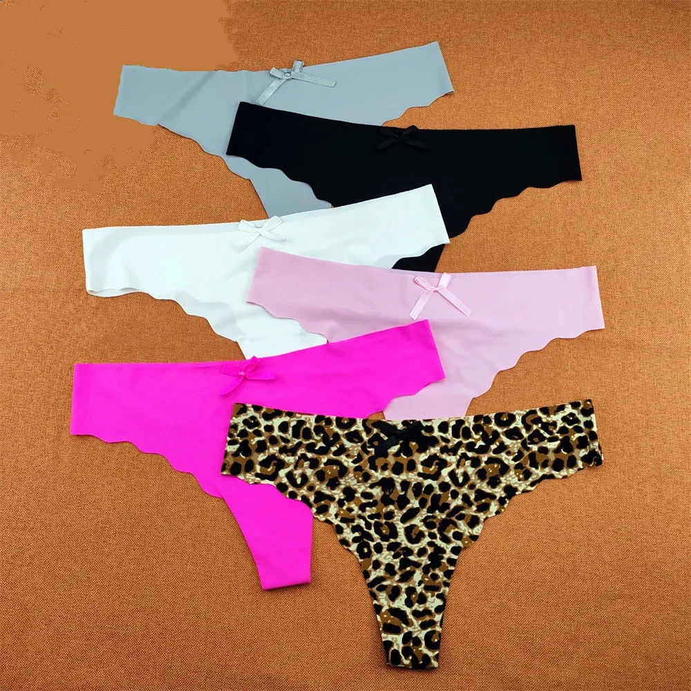3pcs Ruffles Low Cut Ultra Thin Thong Women Seamless T-shaped Panties Girls Bikini G-string Solid Leopard Underwear Plus Size