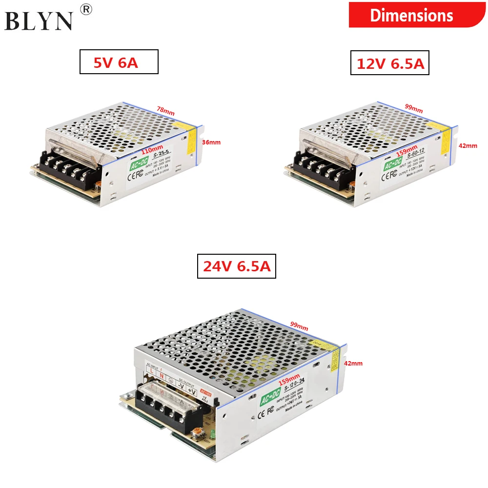 Alimentatore LED 5V 12V 24V 6.5Amp 6A 30W 80W 150W AC a DC Power Convert trasformatore di illuminazione LED Strip Switching Adapter