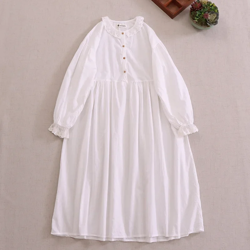 Fall Vintage Cotton Linen Long Sleeve Lace Collar Basic Tunic White Mide Dress Sweet Mori Girl Cottagecore Classy Loose Dress